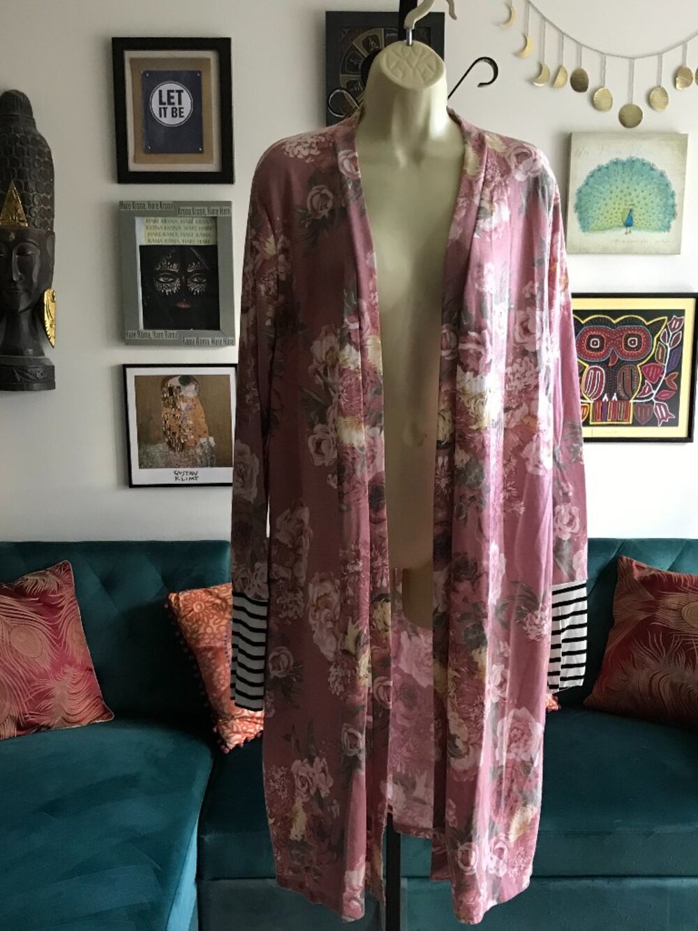 7TH RAY size XL Dusty Rose Floral Open-Front Duster Kimono Cardigan NWT
